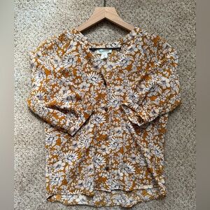 Monteau - Mustard Yellow Button Up Blouse with Flowers